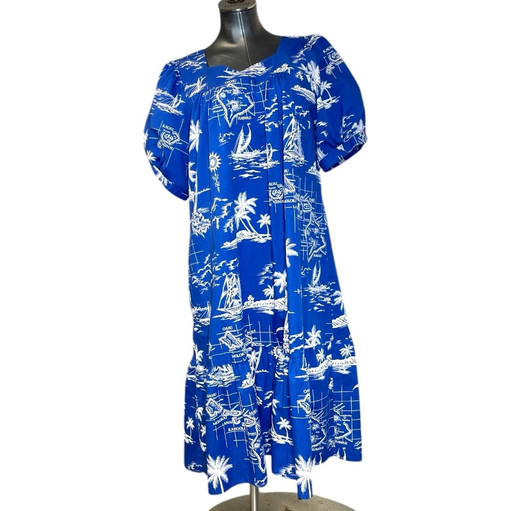 Vintage Royal Creations Hawaii Blue Tropical Print Dress Hawaiian Summer Retro